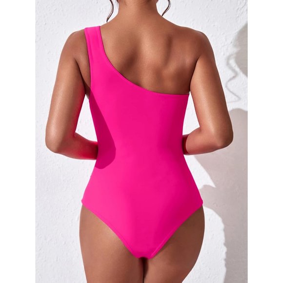 Women's Hot Pink One Shoulder One Piece Modest Full Coverage Keyhole Swimwear - Picture 5 of 6